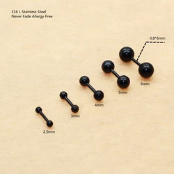 Unisex 1 Pair Round Black Balls Screw Stud Earrings 316 L Stainless Steel Never Fade Allergy Free