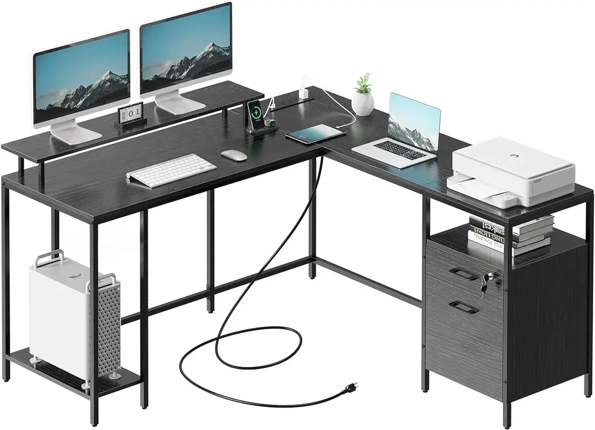 Reversible Computer Desk with Power Outlets & File Cabinet, L Shaped Corner Desk with Monitor Stand & Storage Shelves, Black