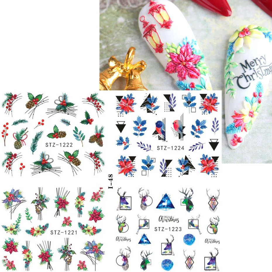 4pcs Xmas Nail Stickers Snowflake Bird Penguin Santa Elk Flower Sliders For Summer New Year Design Water Transfer Decor SLI44-49