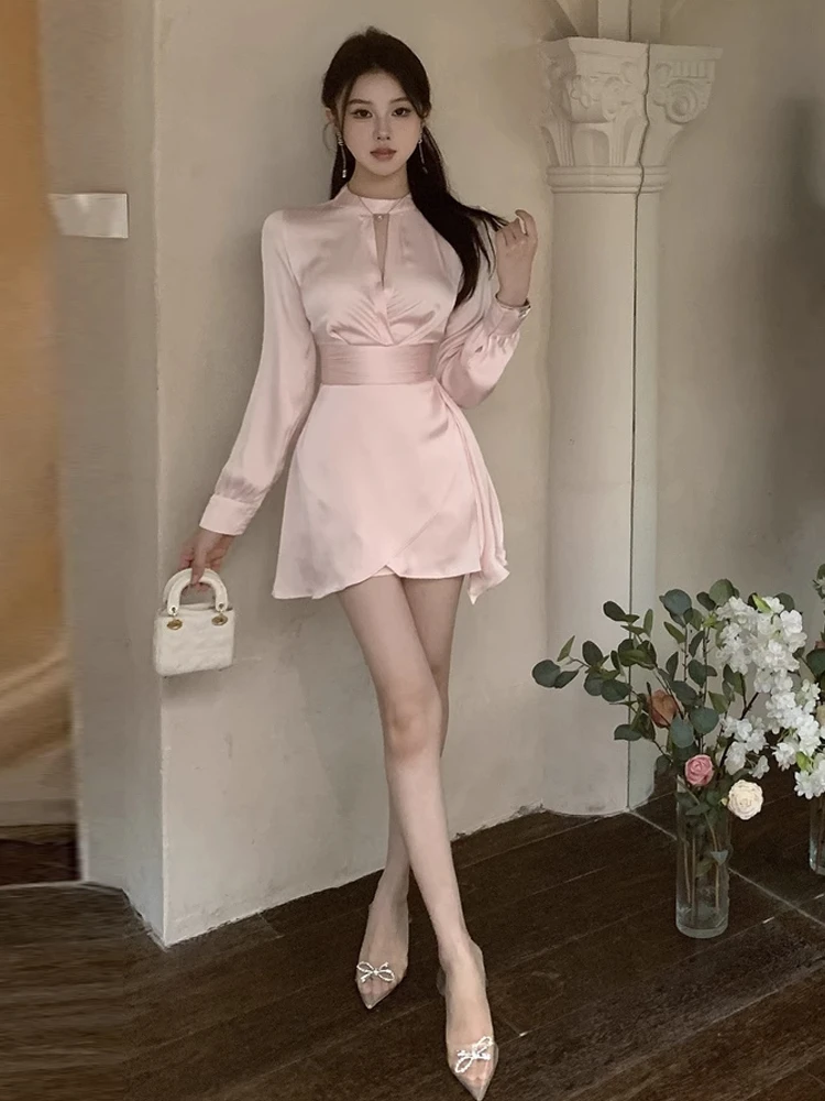 Ele Pink Long Sve round Ne Hollow out A-Line Dr Faionable Slimming White Enhancing Gentle Girl Pure Color Dr