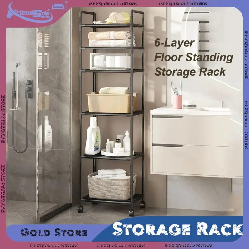 6-Layer Floor Standing Storage Rack with Pulleys Kitchen Bathroom Trolley Rack Movable Home Storage Organization Accessories