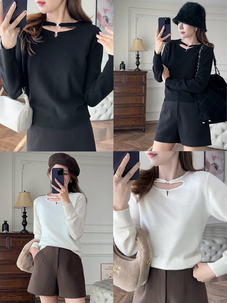 

Zhang ei 00 Wool round Ne Base irt Pearl Knot Spring Autumn Women's Knitted Sweater Korean Sle Straight Cut Long S...