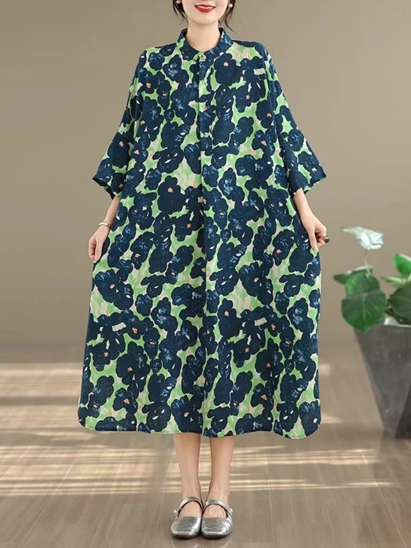 Vestido de Férias: Manga Morcego, Gola Alta, Vestido Oversized de Algodão e Linho. Vestido Longo Solto Estampado para Férias de Verão na Praia. W209