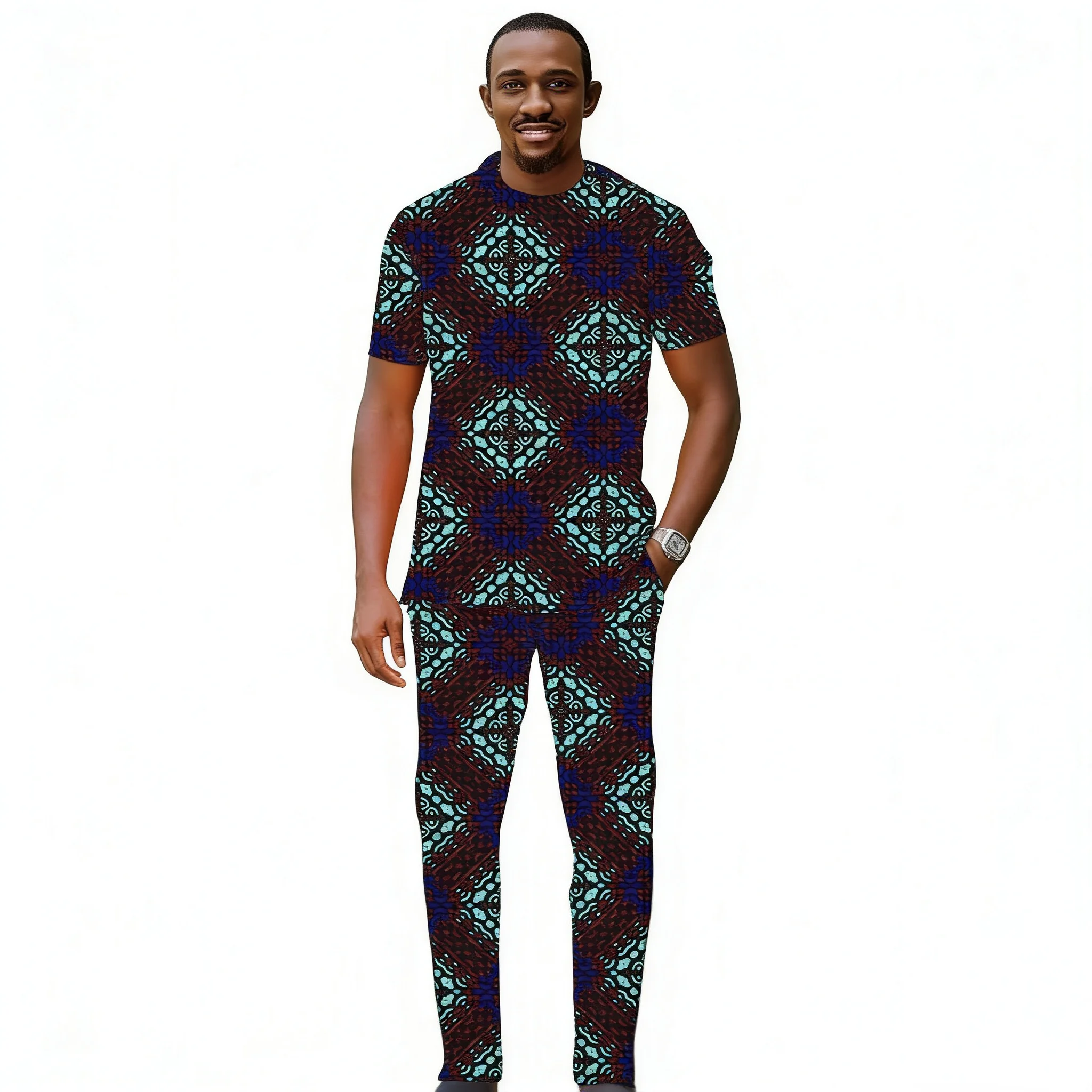 

African Print Couture Pant Sets Nigeria Fashion Men's Groom Suit Dance Garments Top+Pants Tailored