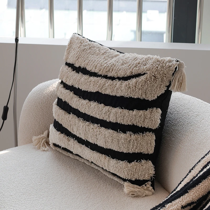 1pc Boho Tassel Striped Textured Cushion Cover Autumn Winter Neutral Decor Pillow Cover 45x45cm for Living Room Bedroom Couch