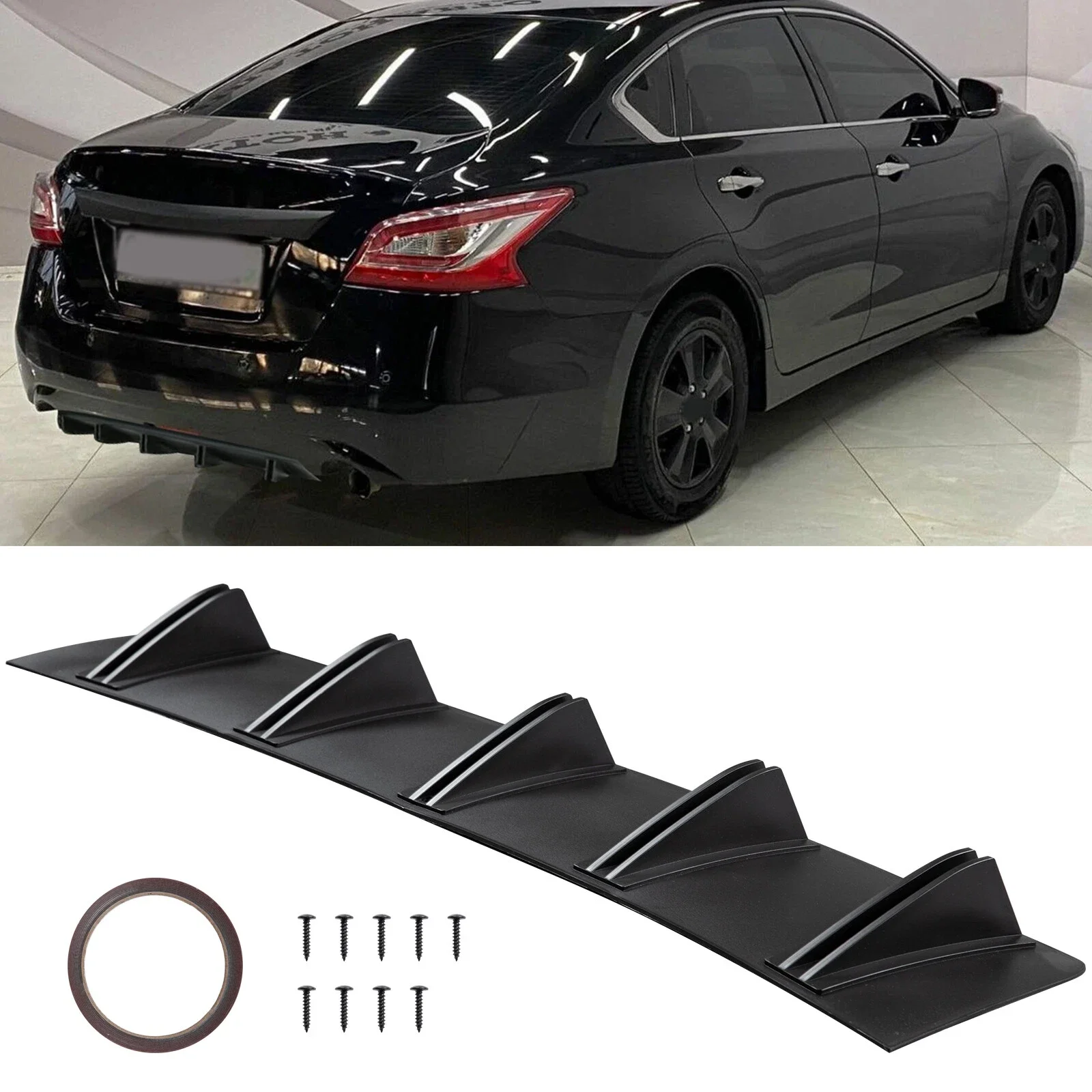 

81cm Wide Rear Diffuser for Nissan Altima, Matte Black Lip Spoiler with 10 Aggressive Shark Fins