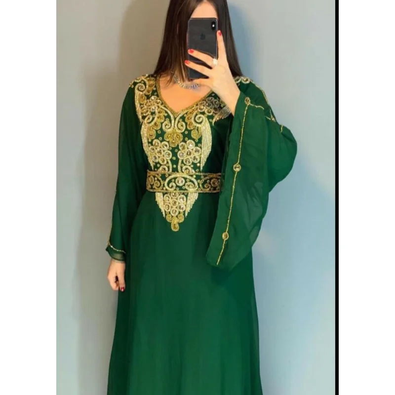 

Green African Clothing Morocco Formal Beaded Farasa Dress Abaya Women's Dubai Long Shirt European and American Fashion Trends