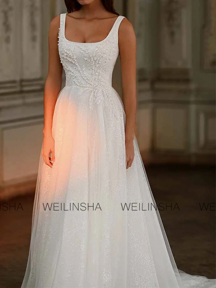 Luxury Dresses Women 2025 Wedding Organza A-line Wedding Party Dresses White Square Neck Pearls Ruched Women Wedding Dress Long