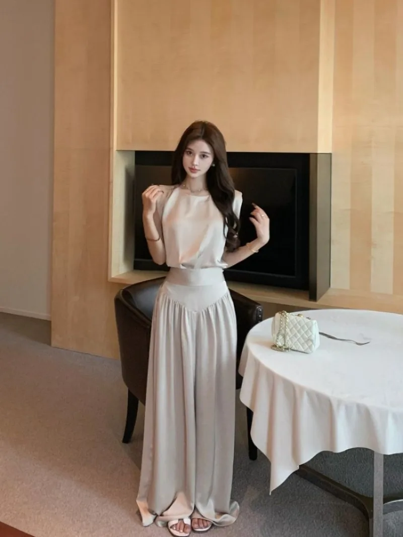 

Rich Girl Style Back Cutout Sleeveless Tank Top Summer Casual Draping Wide Leg Long Pants Two Piece Set