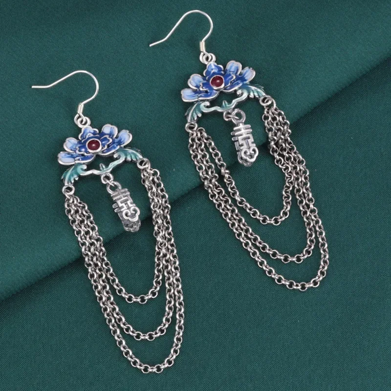 925 Sterling Silver Enamel Lotus Flower Long earrings Vintage Ethnic Style Chain Tassel Hanging Jewelry For Women EH211