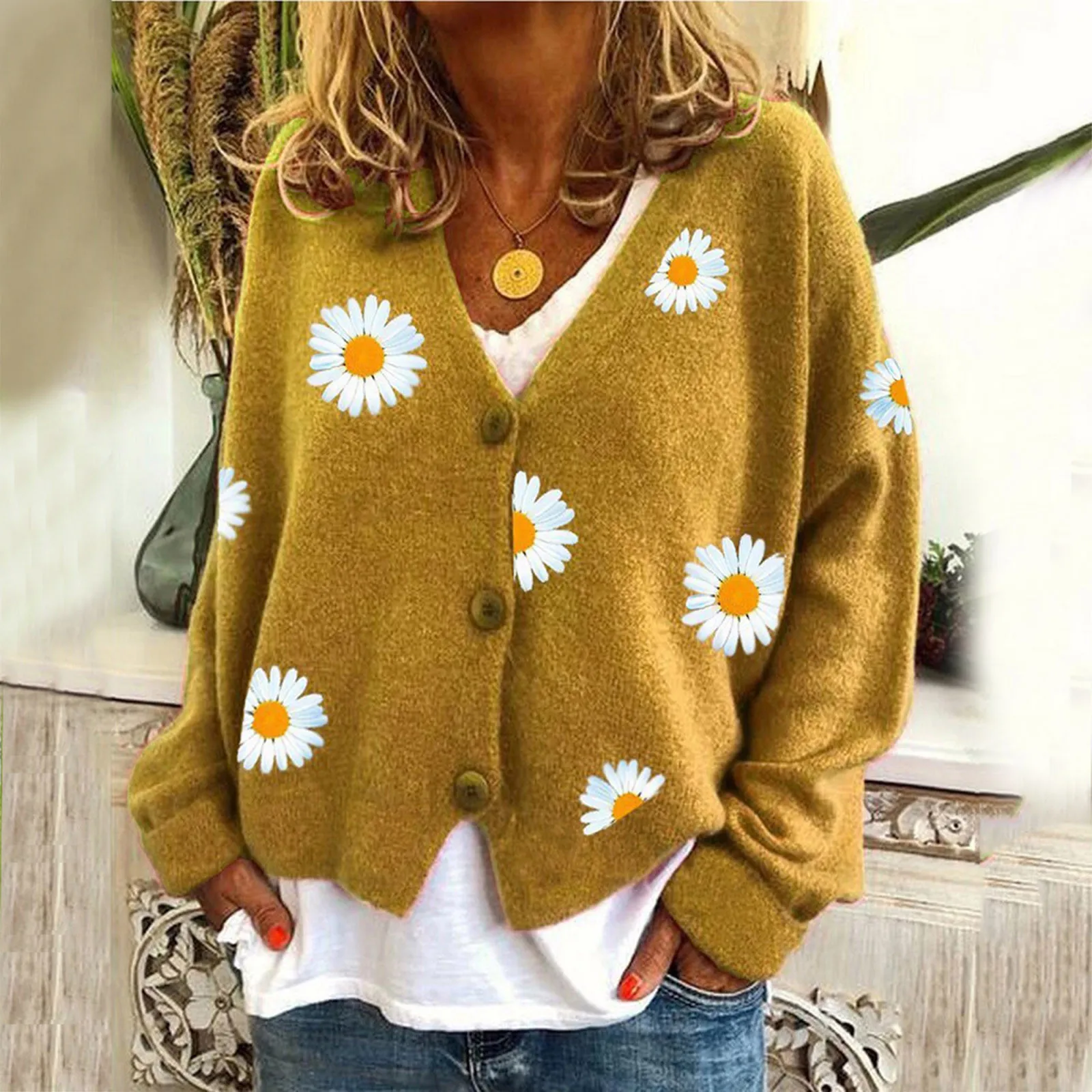 Femme Fashion Print Soft Sweater Ladies Full Sleeve Floral Single Little Daisy V-Neck Pull Oversize Cardigan Streetwear 2024