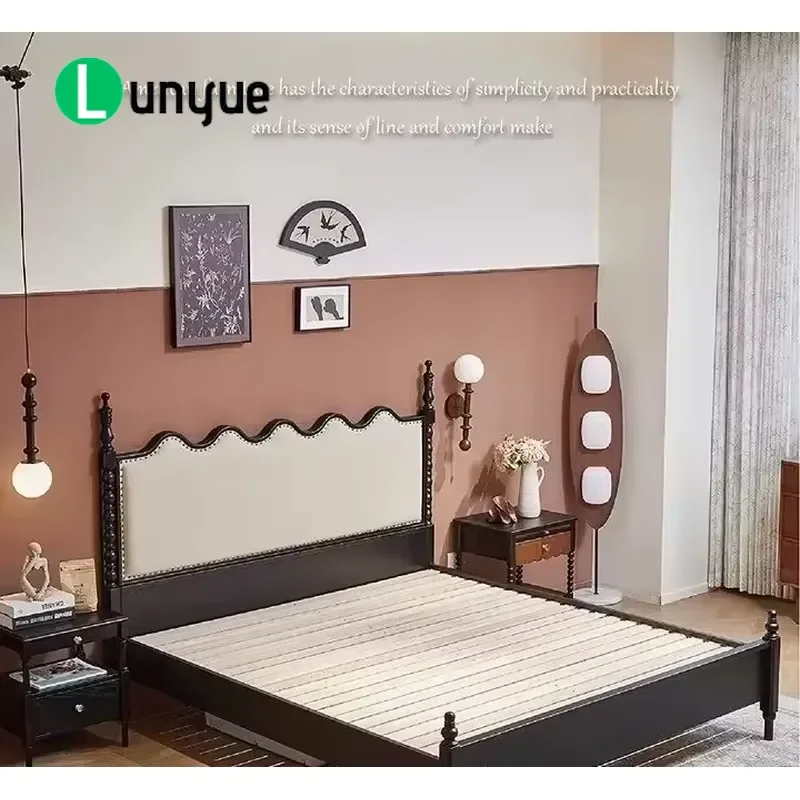 Modern Solid Wood Double Bed 1.8m Mid Century Platform Frame with Soft Upholstered Headboard Hand Carved Details for Bedroom