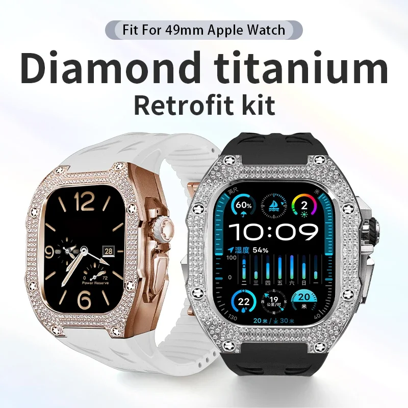 Luxury Diamond Case Modification Kit for Apple Watch Ultra 2 49mm Fluororubber Strap Titanium Baffle for Iwatch Ultra 49 Mod Kit