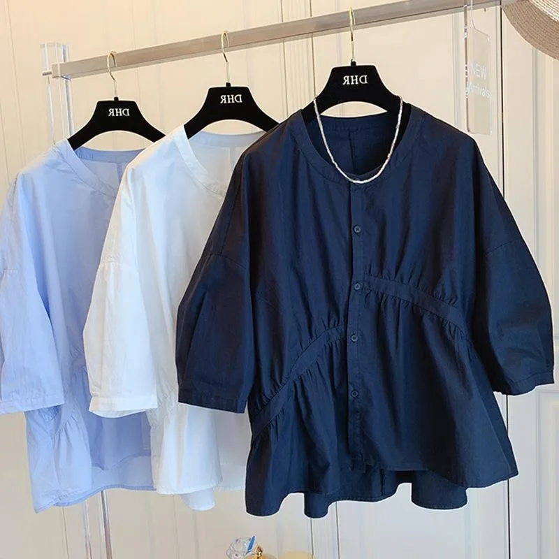 

2025 Summer New Casual Blouse Women's O-neck Short Sleeve Korean Fashion Solid Color Loose Button Up Ladies Tops Shirts Popular
