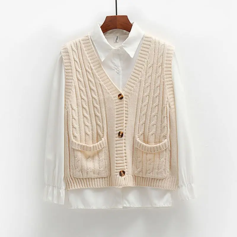 Vintage Twist Cardigan with Short Shoulders Sweater Vest Jacket Women\'s Spring and Autumn Sleeveless Vest Knitted V-neck Top