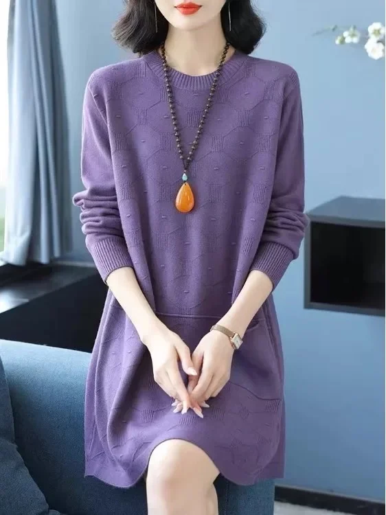 Women's Knitted Wool Blend Base Shirt Loose Fit Mid-Length Sweater Dress Conceals Belly Flatters Figure Autumn Winter Wear