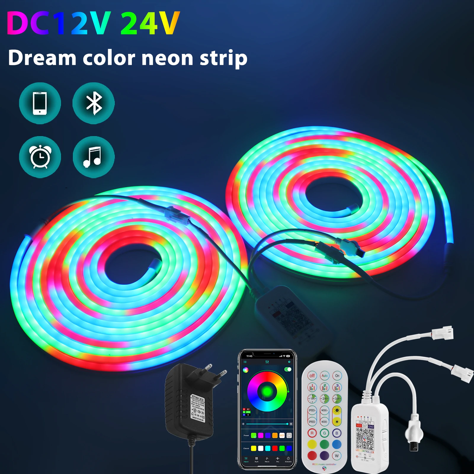 12V 24V RGBIC Neon Strip 84LEDs/m Bluetooth APP 24Keys Remote Control  Dream Color Chasing LED Strip Light Tape 1m 3m 5m 10m 20m