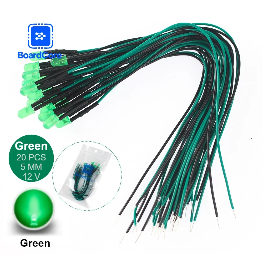 20PCS 12V 5mm Emitting LED Diodes Lamp with 20CM Prewired Green  for Indicator DIY Projects