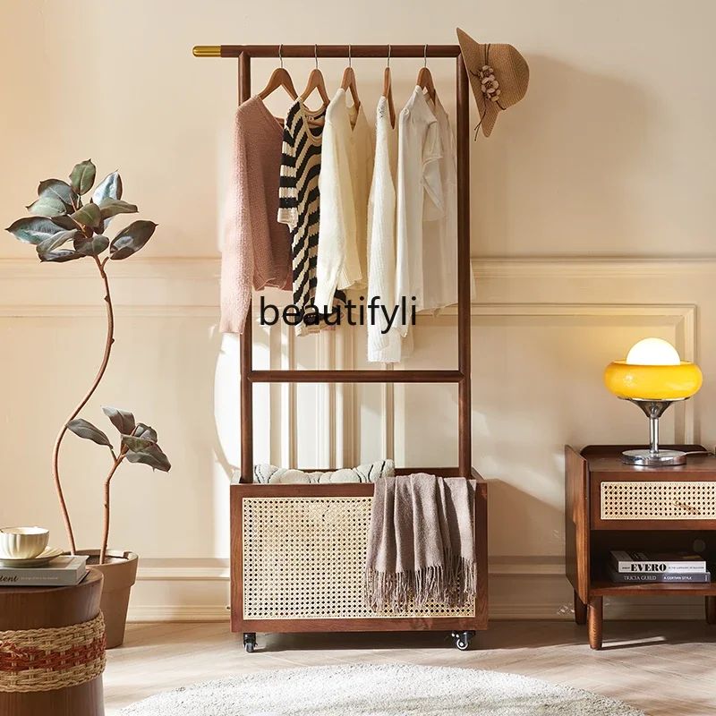 Nordic Solid Wood Coat and Hat Rack Bedroom Multi-Functional Dirty Clothes Basket Rattan Clothes Rack