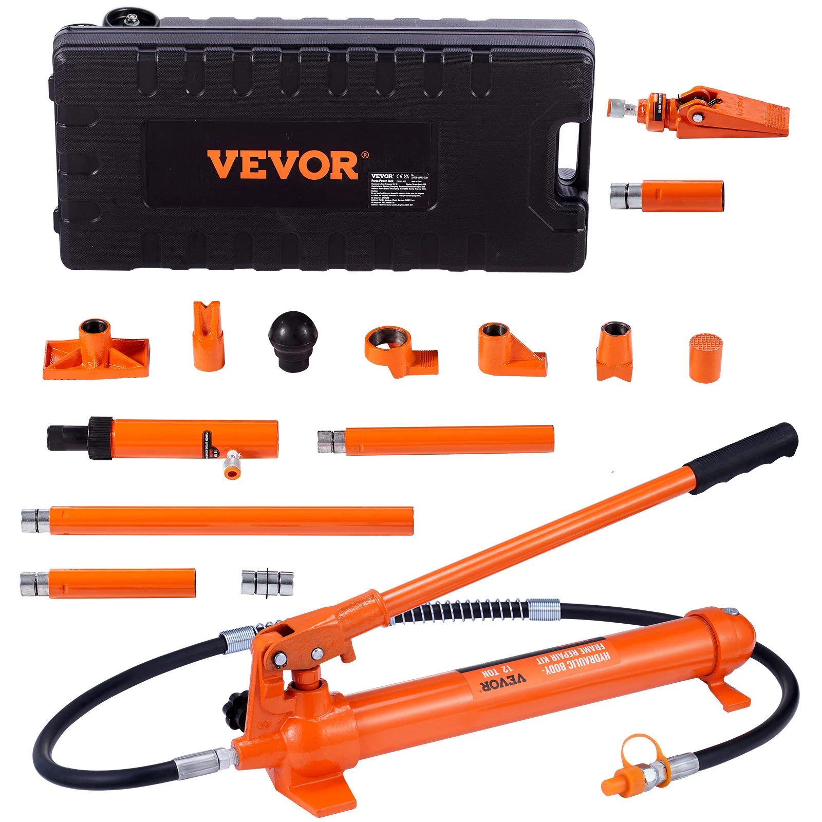 VEVOR 12 Ton Porta Power Kit Hydraulic Ram with Pump with 4.6 ft/1.4 m Oil Hose with Storage Case for Automotive Garage Mechanic