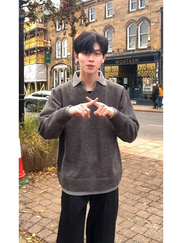 

High Quali Soft irt Men's Casual Turn-down Collar Knitted Sweater Autumn Winter New Sle Loose Fit Faion Brand