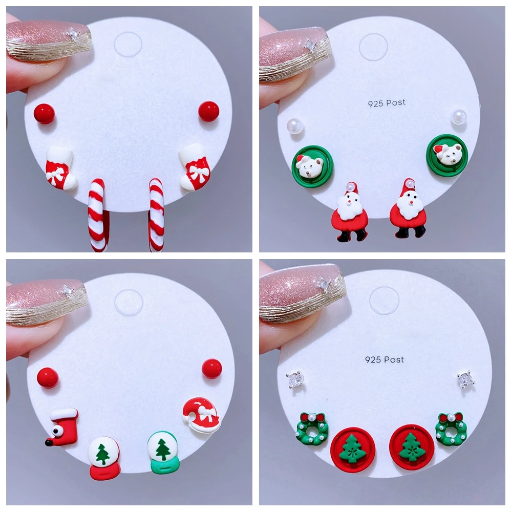 High End 3 Pairs Christmas Tree Santa Claus Stud Earrings Set for Women Girls New Year Party Gift Jewelry