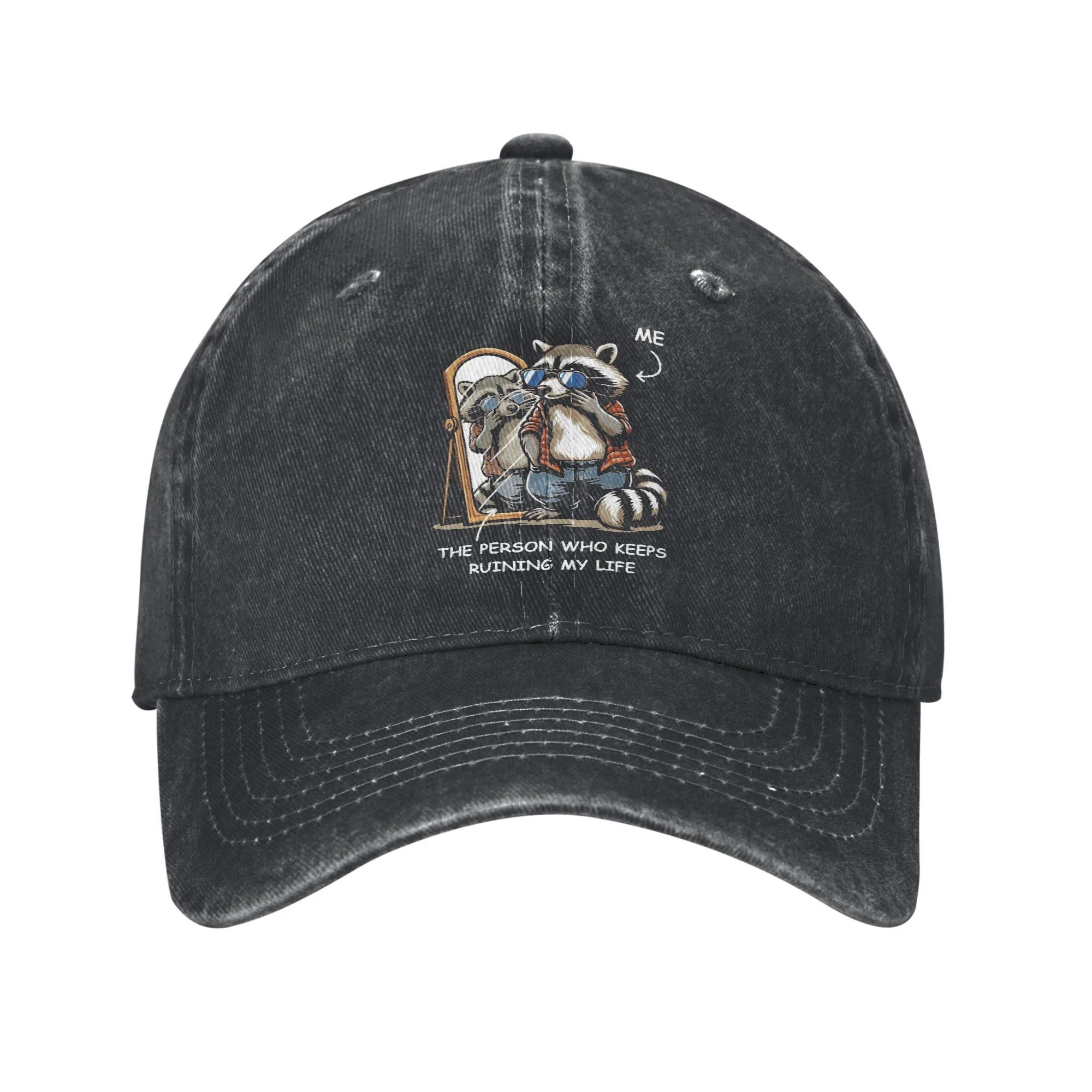 Funny Raccoin Mirror Graphic Washed Baseball Cap Unisex Adjustable Casual Outdoor Hat