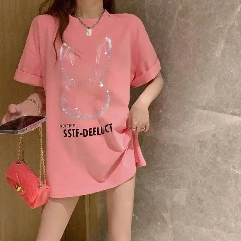 Wind Ins Heavy Industry Sequined Short Sleeved T-shirt Summer New Style Lower Body Missing Western Loose Large Size Top Women