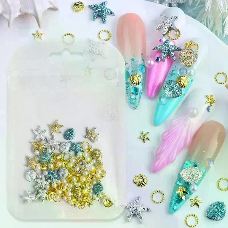 Ocean Nail Charms 3D Metal Resin With Pearls Decoration Gold Silver Blue Shell Starfish Rivet Jewelry Nail Art Accessory Summer