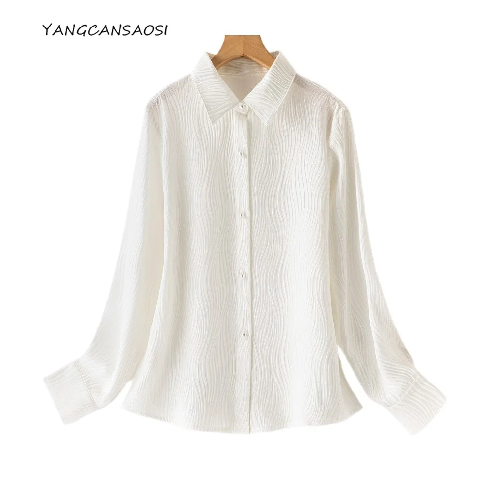 

2025 Women's Autumn New 100% Natural Mulberry Silk GuanLe Satin Turn-down Collar Long Sleeve Versatile White Temperament Shirt