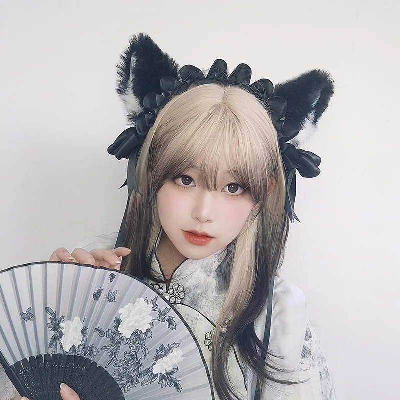 Halloween Gothic Cosplay headband Lolita Kawaii plush cat ears Maid women girls Ruffled lace headband hair accessory