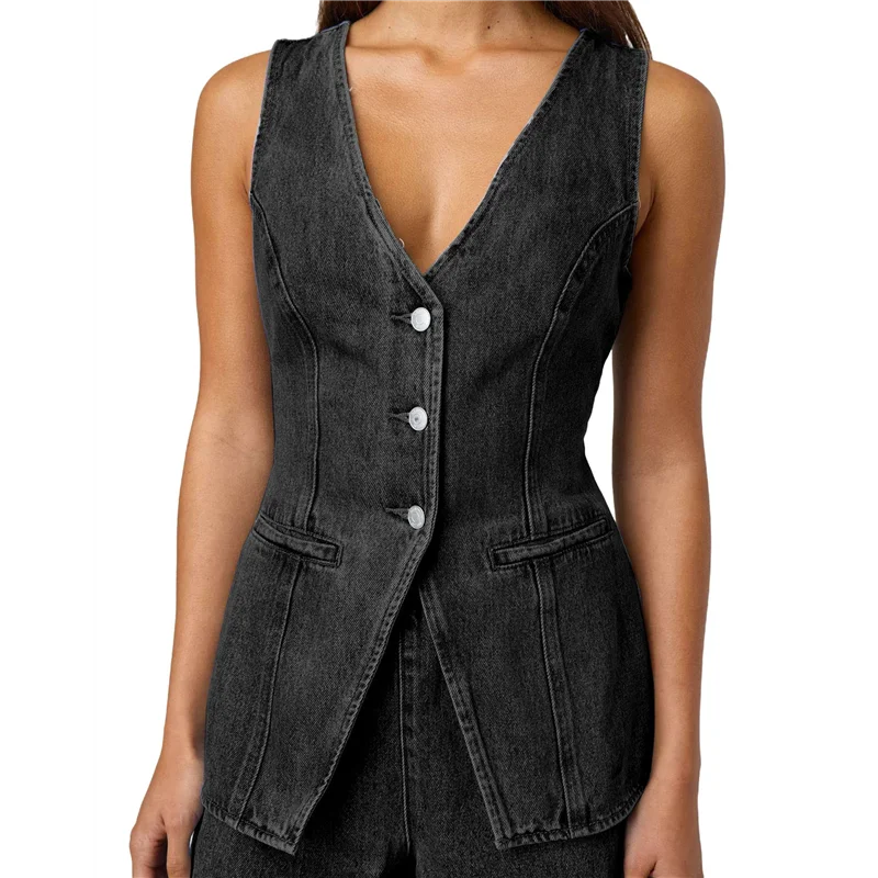 ABRT-طقم نسائي من قماش الدنيم مكون من قطعتين كاجوال بدون أكمام ورقبة على شكل حرف V سترة جينز وسراويل قصيرة عالية الخصر ملابس رياضية