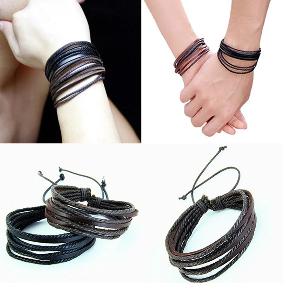 Hot Sell 100% Hand-Woven Fashion Jewelry Women Men Hand-woven Fashion Multilayer Leather Braided Rope Wristband Bracelet