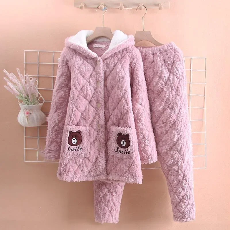 2023 New Winter Flannel Thick Pajamas Girl Cartoon Loungewear Cute Student Sweet Sleepwear Mid-length Cotton Warm Homewear Set