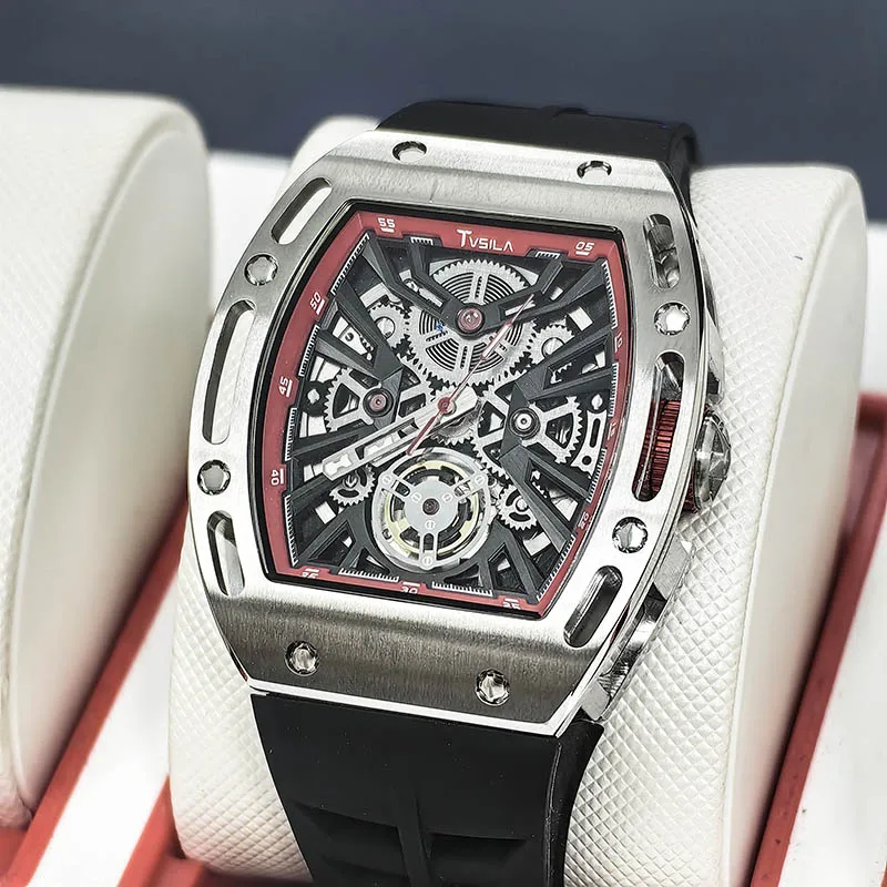 TVSILA Original Miyota Men's Automatic Mechanical Watch Stainless Steel Case Silicone Band Skeleton Waterproof Sport Wristwatch