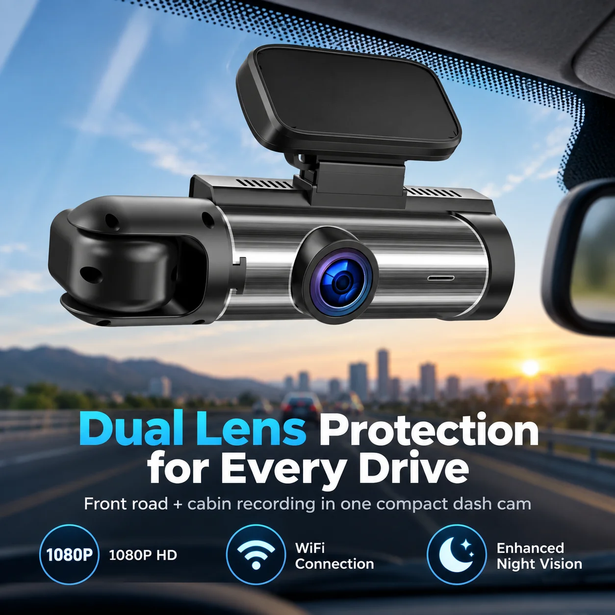 1080P Dual Lens Dash Cam Wi-Fi Front Cabin Rear Triple Lens Car DVR Night Vision Loop Recording G-Sensor Reverse Camera for Cars