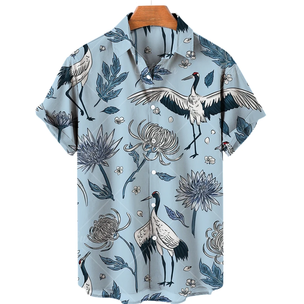 Men\'s Crane Clothing Grus Japonensis Printing Hawaiian Folk-custom Oversized Shirts Vintage Casual Camisa Floral Masculina Y2k