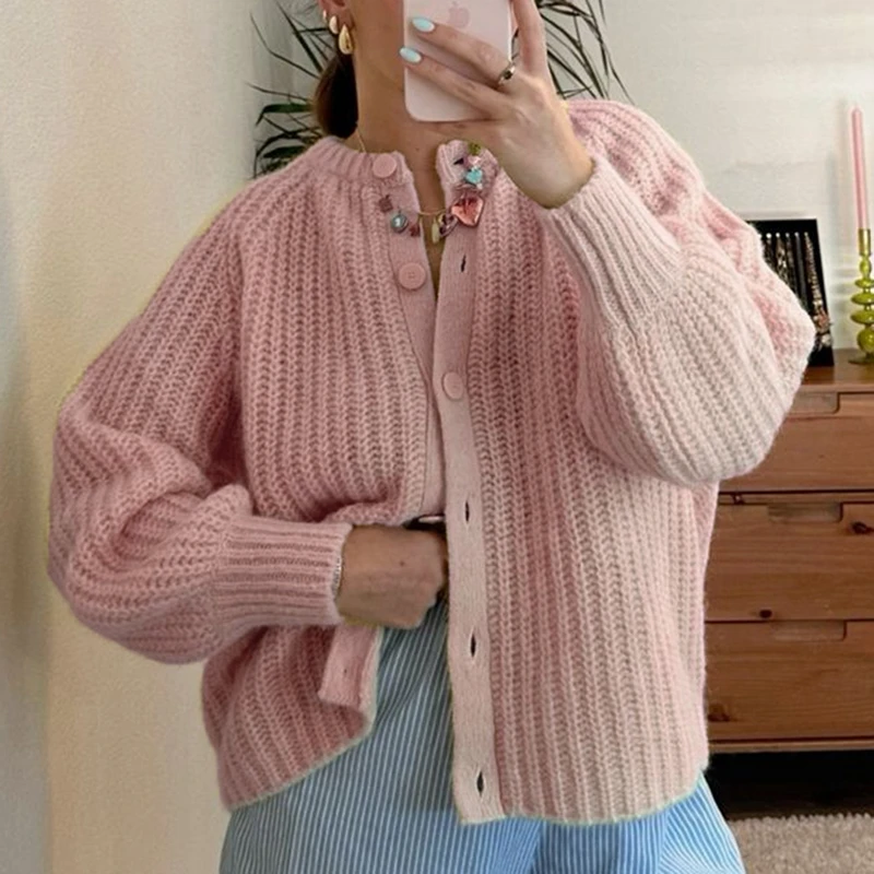 Preppy Button Up Knitted Cardigan Autumn Winter Casual Solid Color Basic Knitwear Coats Vintage Y2K Aesthetic Sweater Clothes