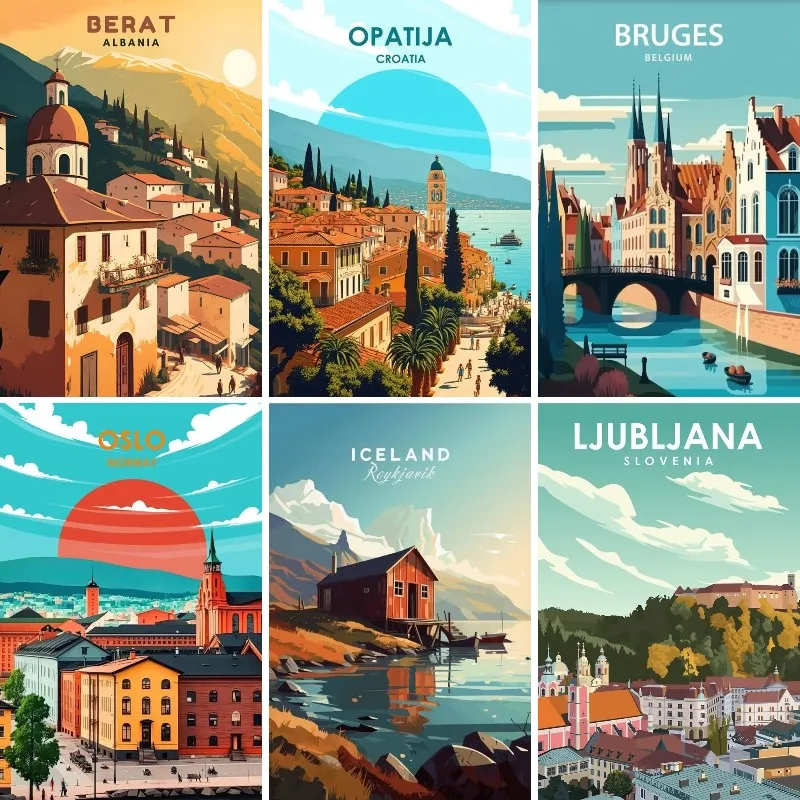 

Full Drill Square Round Diamond Painting Europe Travel Posters Madeira Istanbul Zagreb Vienna Bruges Cairo Alpbach Oslo Bergen
