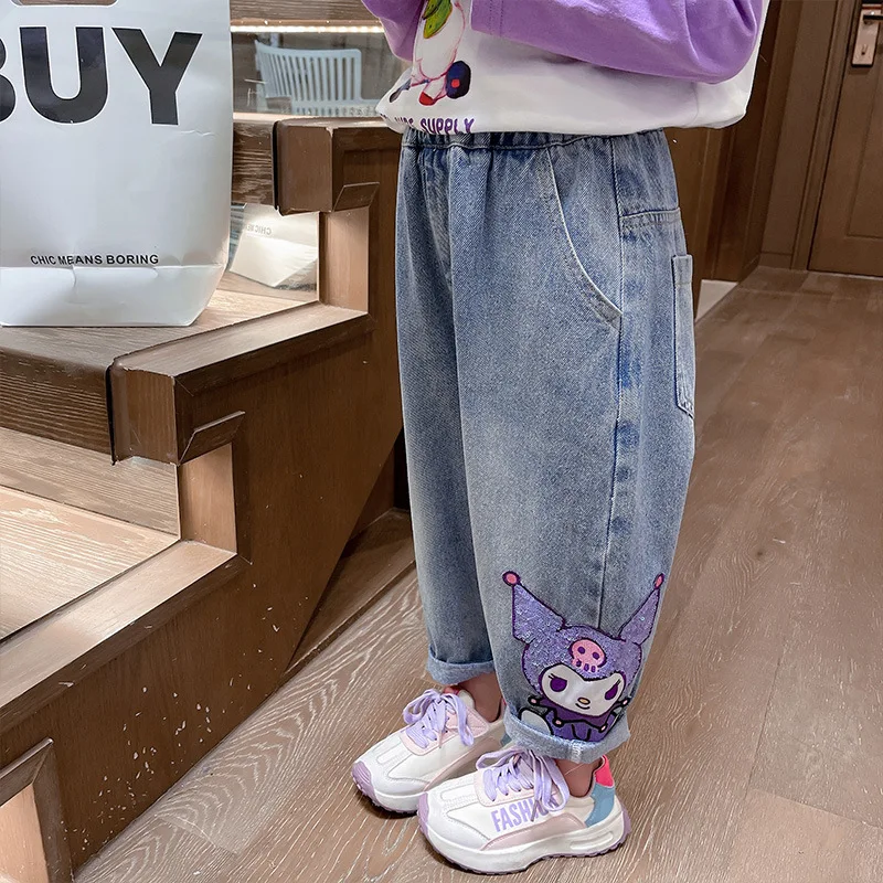 New Sanrio Jeans Korean Cartoon Kawaii Kuromi Children\'s Casual Pants Cute Girl Embroidered Pants Casual Pants Loose Pants