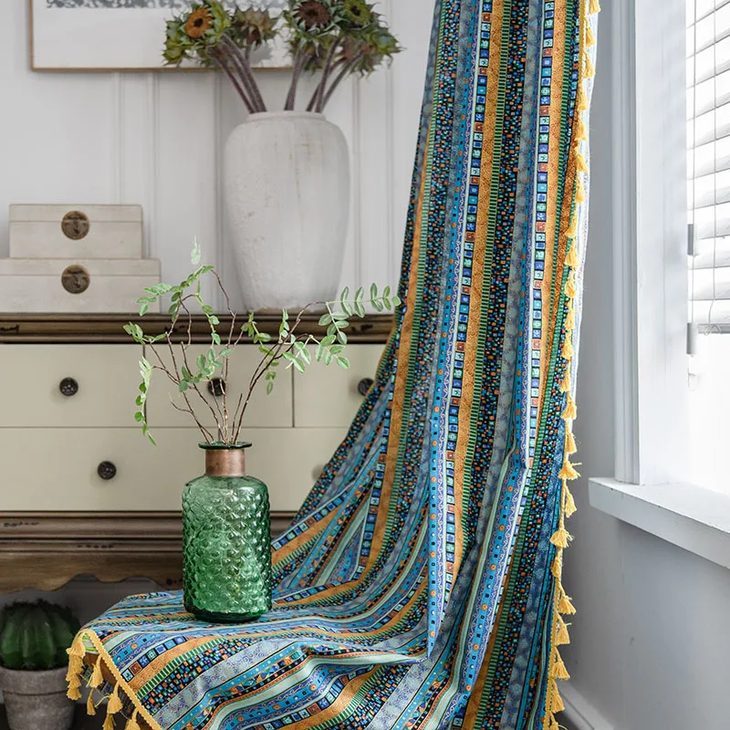American Vintage Cotton Linen Curtain Bohemian Style Color Stripe Printing Curtain Living Room Semi-transparent Fringe Curtain