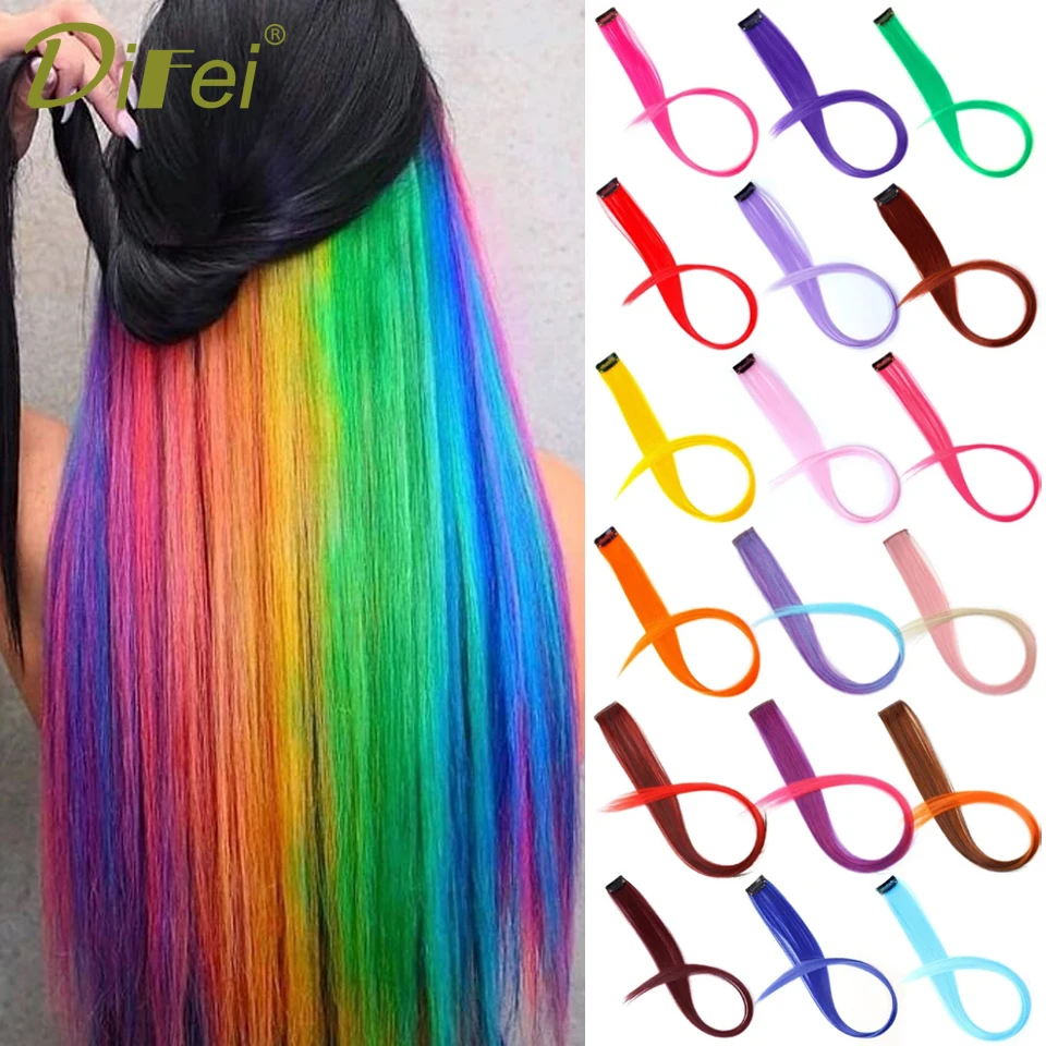 DIFEI Synthetic Clip In Hair highlights Extensions Heat Resistant Ombre Straight Hairpieces Colorful Hair For Girls Rainbow Hair