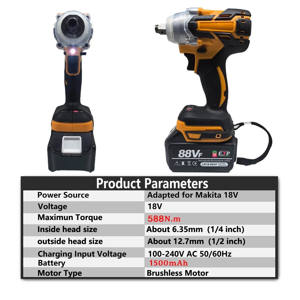 2 In1 Electric Impact Wrench Cordless Brushless Rechargeable Wrench Tool 1/2'' Socket 1/4