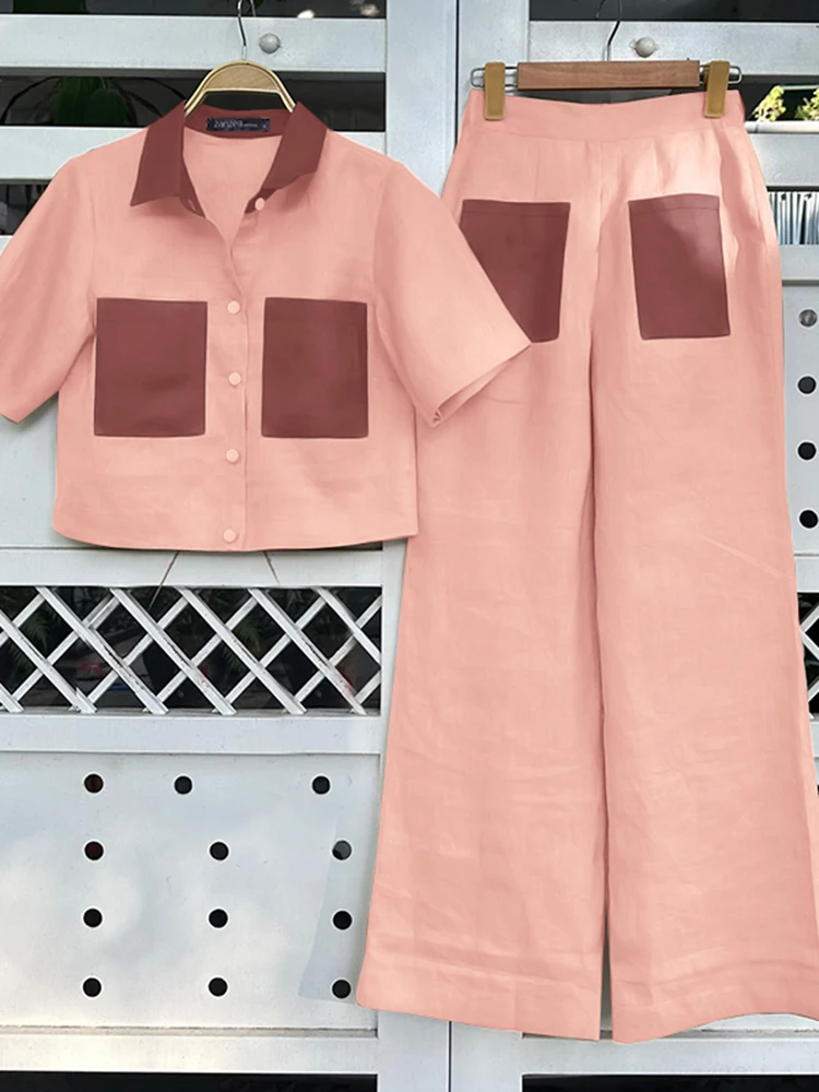 

ZANZEA Streetwear Wide Leg Pants 2pcs Outfits Woman Contrast-Color Fashion Lapel Short Sleeve Shirts 2 Piece Sets Pant Sets