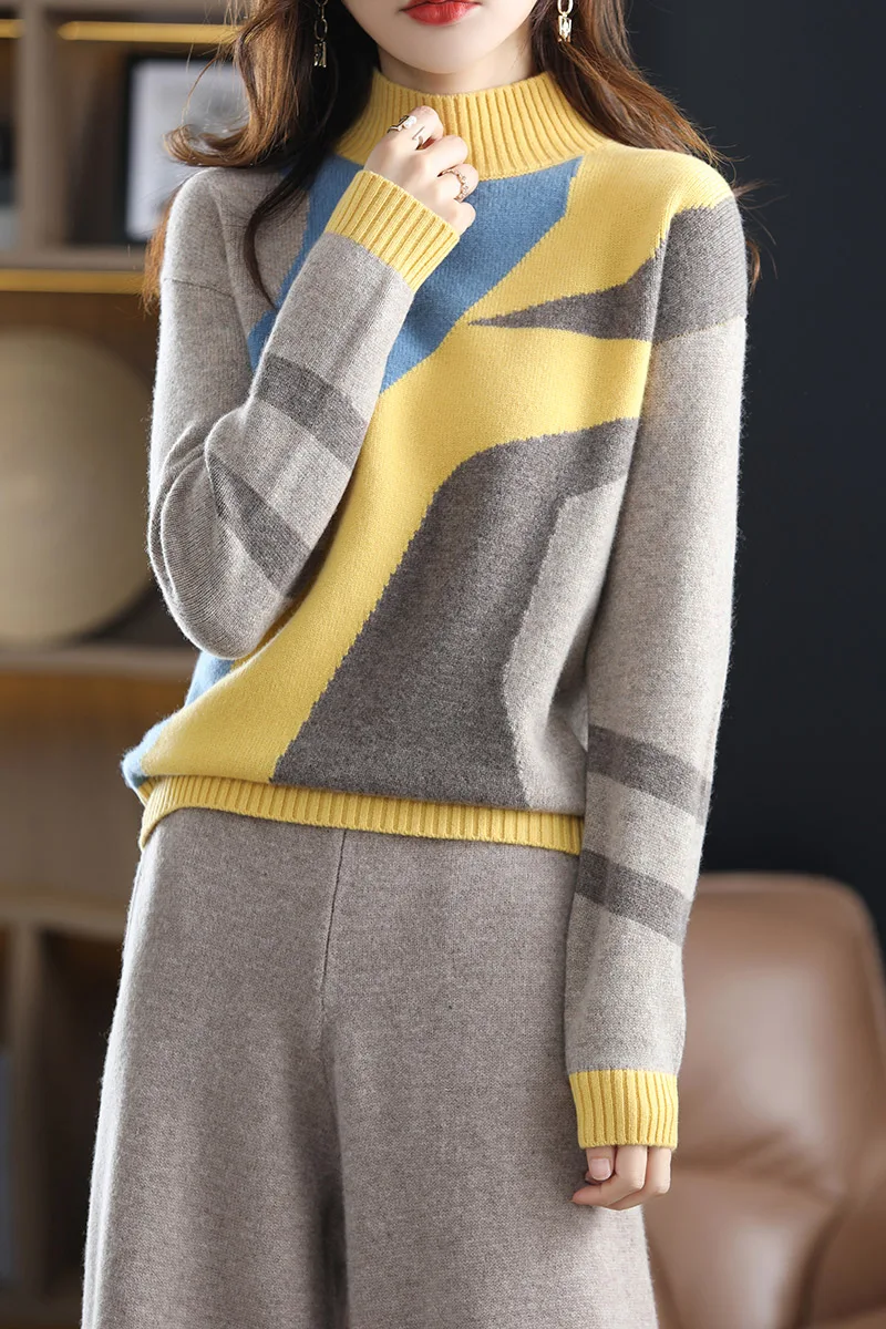 

Fashion 100% Merino Wool Sweater Half-turtleneck Color-blocking Cashmere Pullover Women Clothing Comfort Top Leisure