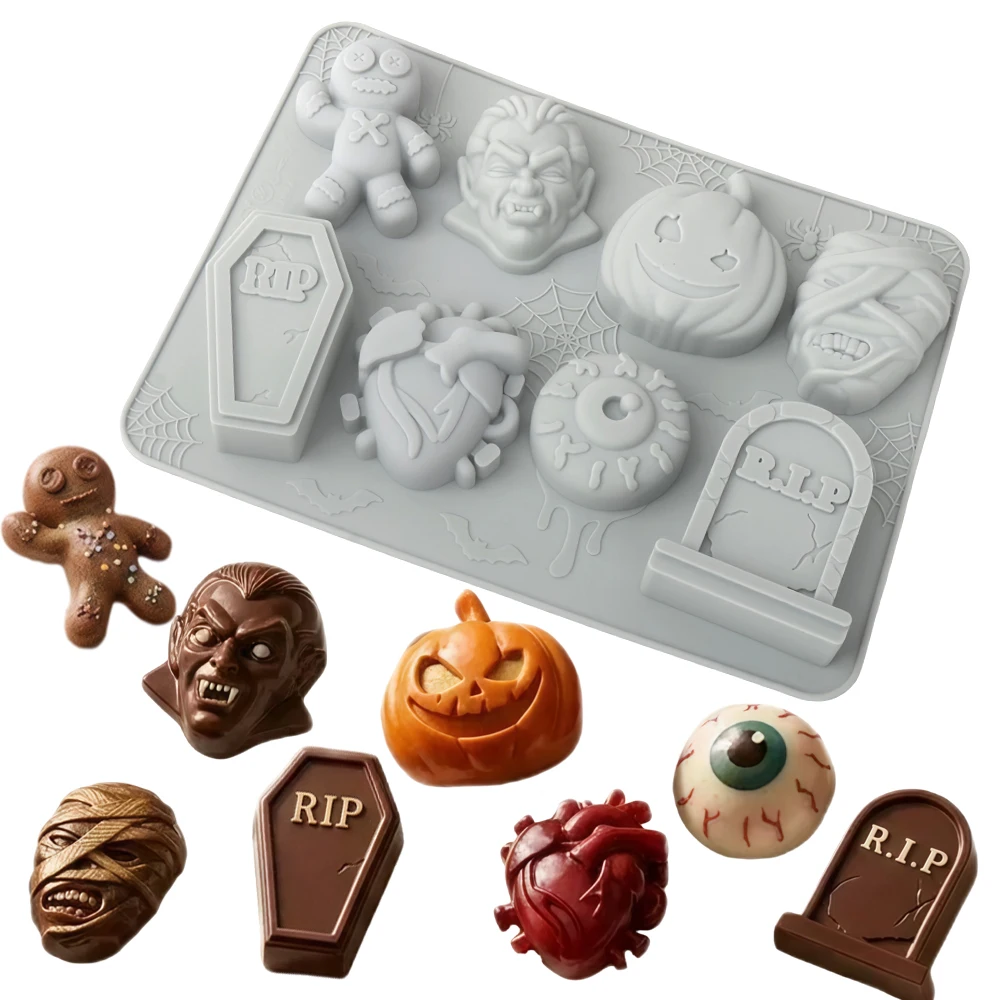 Halloween Skull Tombstone Coffin Eye Heart Pumpkin Design Silicone Chocolate Mold Candy Dessert Baking Tool Mousse Cake Bakeware