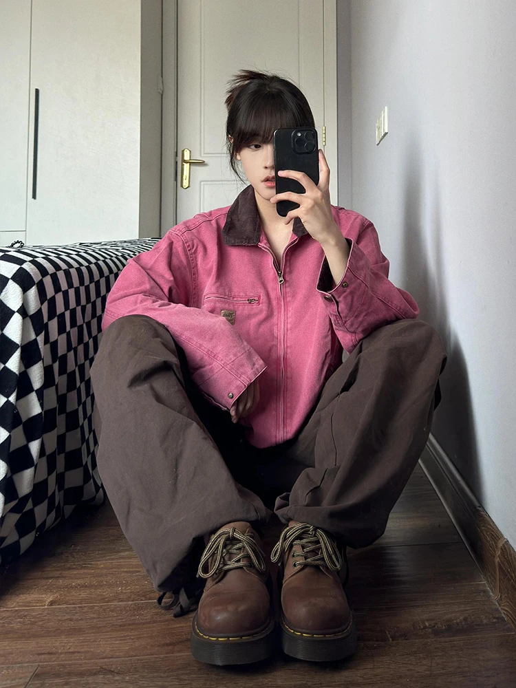 Veste en jean rose décontractée pour femme, style rétro, coupe ample, col boutonné, vêtement d'extérieur