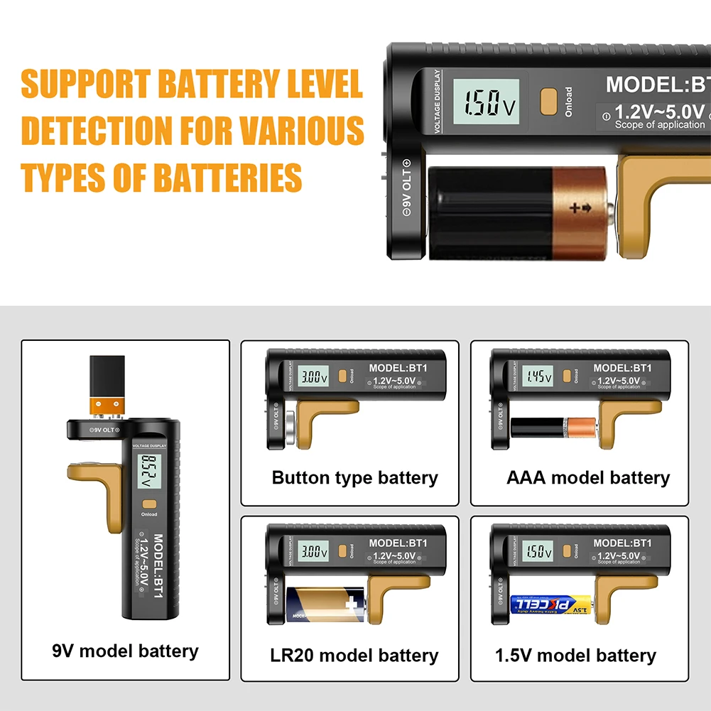 BT-1 Digital Battery Tester LCD Display 9V/1.5V/AA/AAA Battery Capacity Tester Button Cell Volt Checker Universal Battery Tester