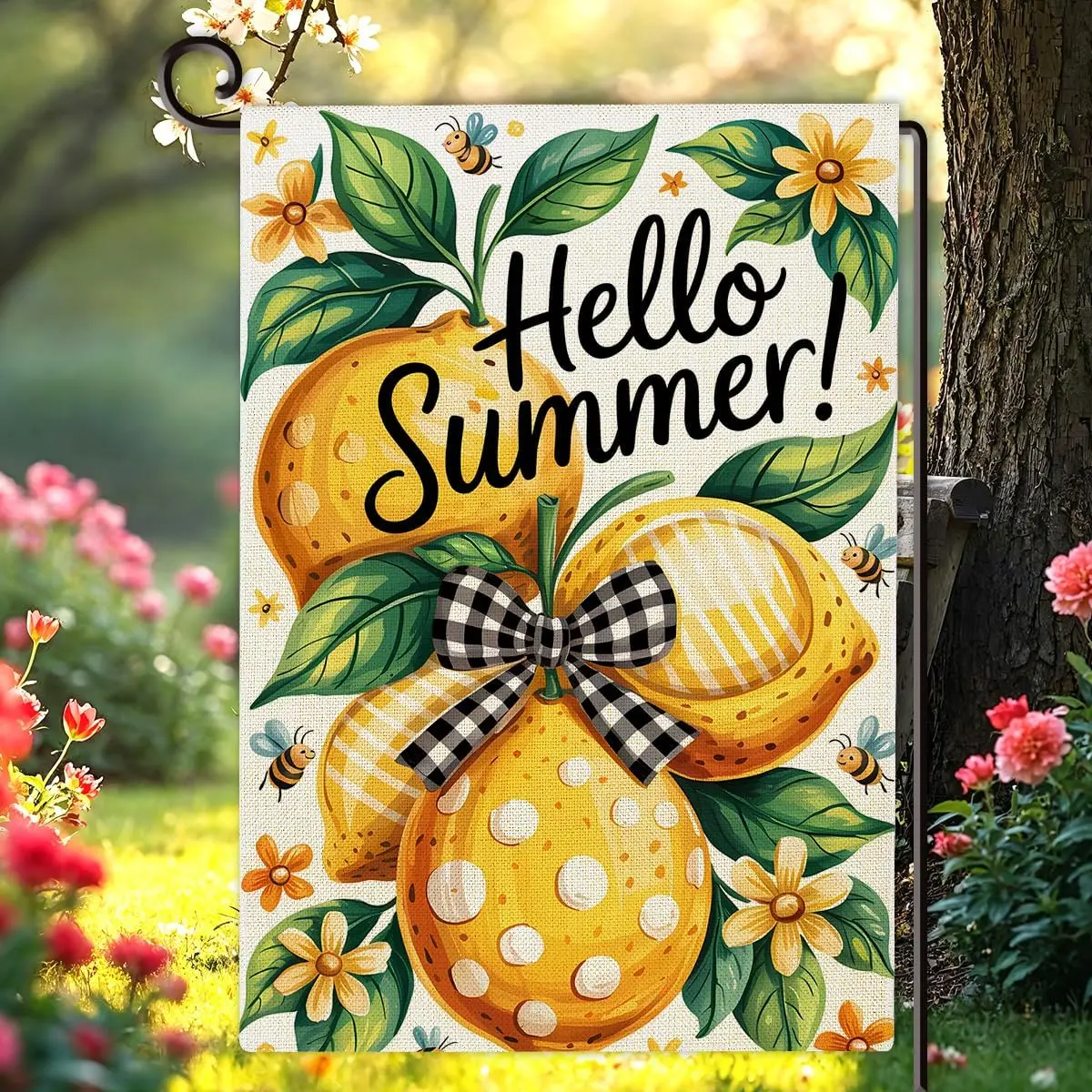 Hello Summer Garden Flag Double Sided Summer Lemon Floral Burlap House Flag Outdoor Seasonal Decorations for Yard Porch Pati yyi
