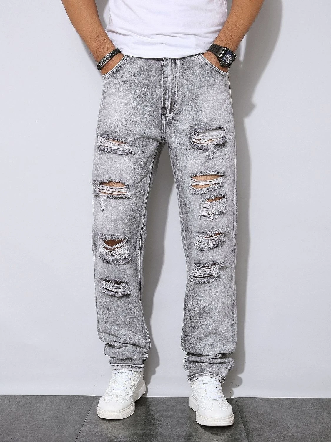 กางเกงยีนส์สีเทาขาดๆ สำหรับผู้ - Men'S Fashion Grey Jeans บทวิจารณ์และราคา